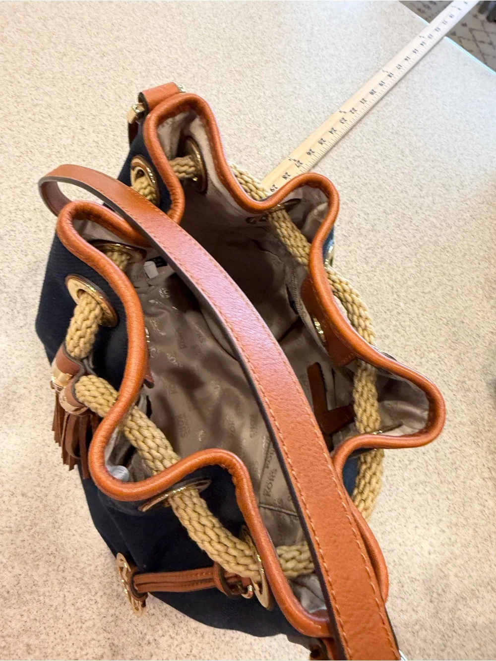 Michael Kors Navy Canvas Bucket Crossbody with Brown Leather Trim